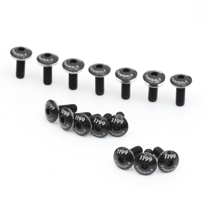 Black engraved logo CNC windscreen bolts for Ducati 1199 Panigale fairing, made by MC Motoparts, shown with close-up of bolt heads.