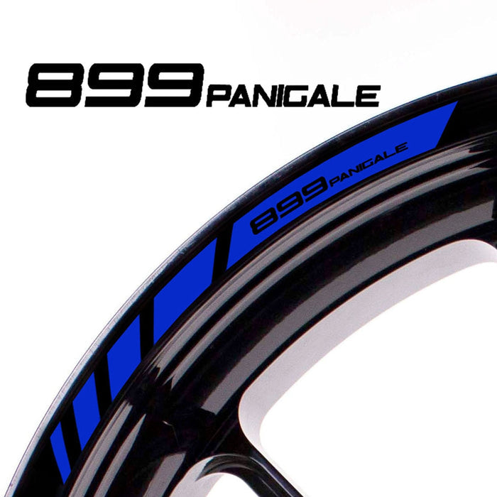Blue Ducati 899 Panigale wheel rim edge sticker with StickerBao logo, designed for Ducati motorcycle wheel rim decoration.