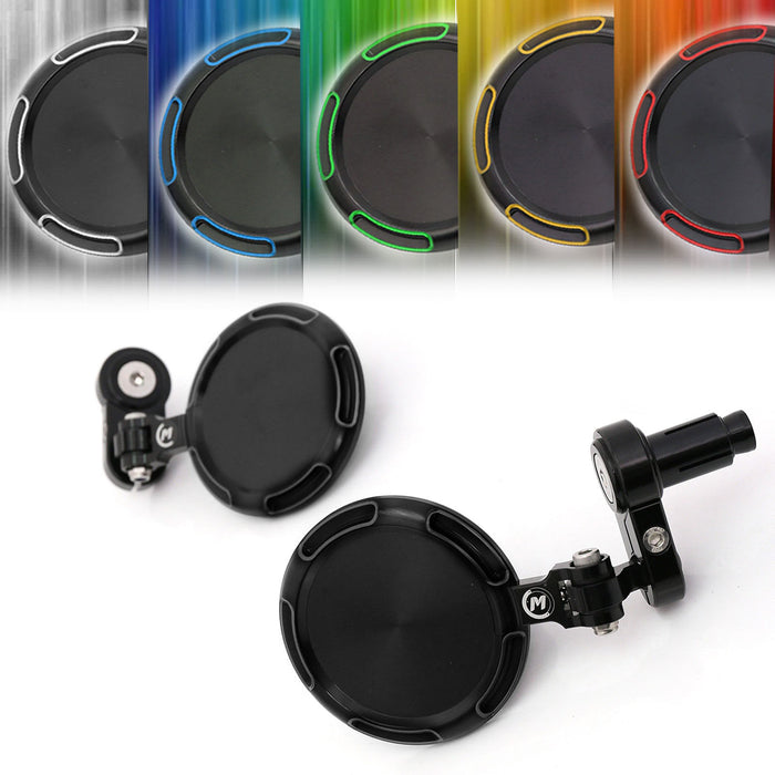 Fit Ducati CNC bar end mirrors by MC Motoparts, round Sonic design with black finish, showing the reflective mirror surface and mounting hardware.