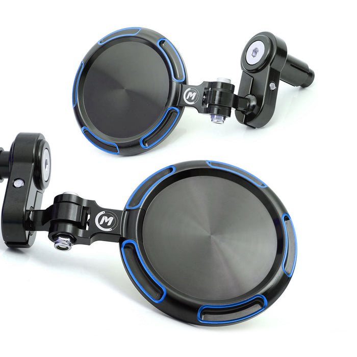 Fit Ducati CNC round bar end mirrors by MC Motoparts with Sonic design, featuring mounting hardware and reflective mirror surface.