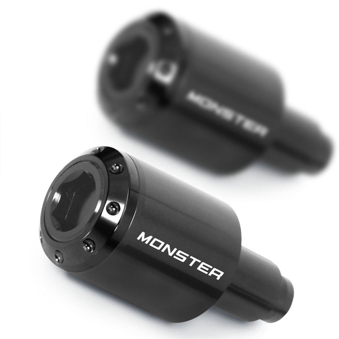 Black MC Motoparts Atom Bar Ends with engraved logo for Ducati Monster 695, 795, M750, featuring a sleek, durable design.