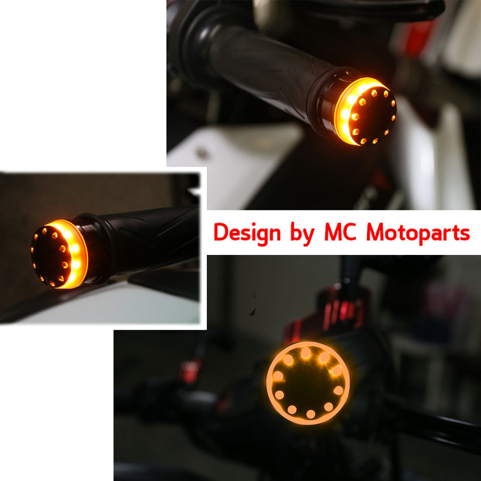 Black LED bar end turn signals for Ducati Monster 696 and 821, made by MC Motoparts, installed on motorcycle handlebars.