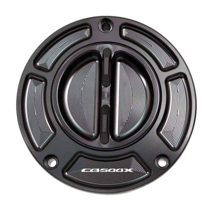 Black keyless fuel tank cap with engraved Honda CB500X logo for 2016-2024, designed by MC Motoparts.