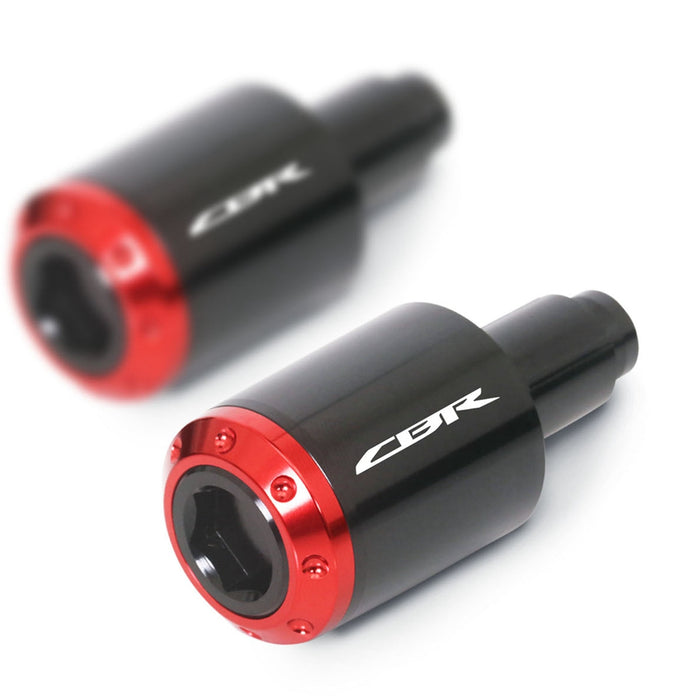 MC Motoparts engraved logo ATOM bar ends for Honda CBR 900RR, 600F, 250R motorcycle handlebar ends with red accents.