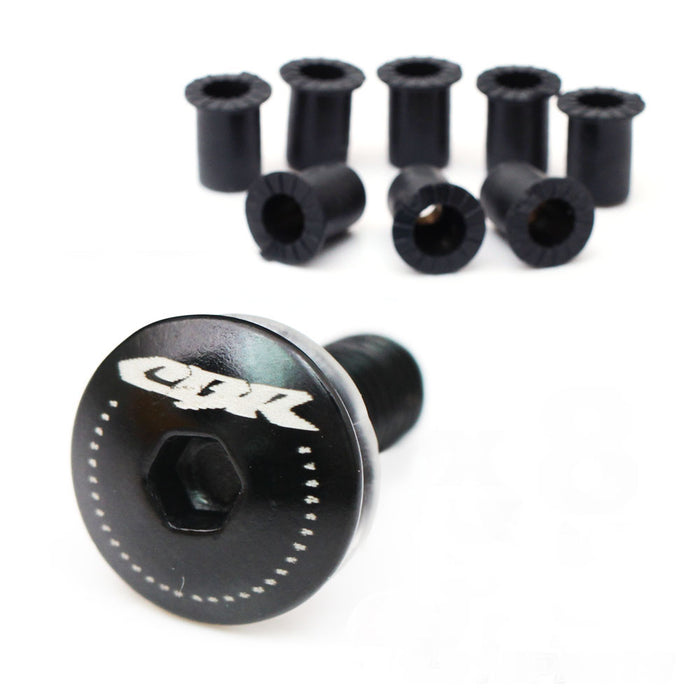 Honda CBR windscreen bolts with engraved MC Motoparts logo, black CNC windscreen bolts for motorcycle windscreens.