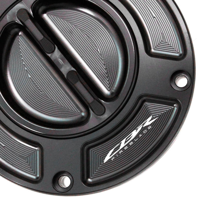 MC Motoparts Honda CBR1000RR Fireblade 2014-2021 keyless fuel tank cap with engraved logo, black finish, and secure locking mechanism.