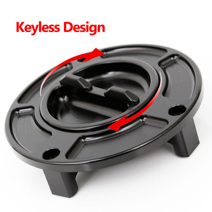 Honda CBR500R 2016-2025 keyless fuel tank cap by MC Motoparts, engraved logo, black finish, secure locking mechanism.