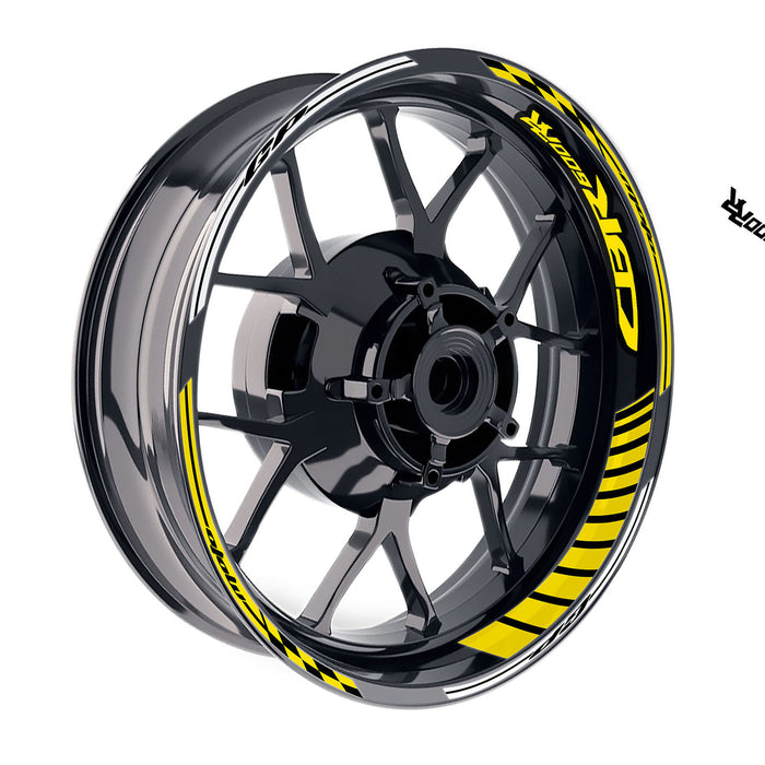 Yellow Honda CBR600RR wheel rim sticker with Moto GP stripe design on a 17-inch rim, by StickerBao.