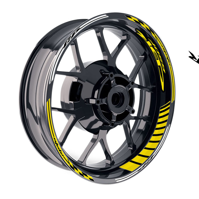 Yellow Honda CBR650F wheel rim sticker with Moto GP stripe design for 17-inch wheels, by StickerBao.