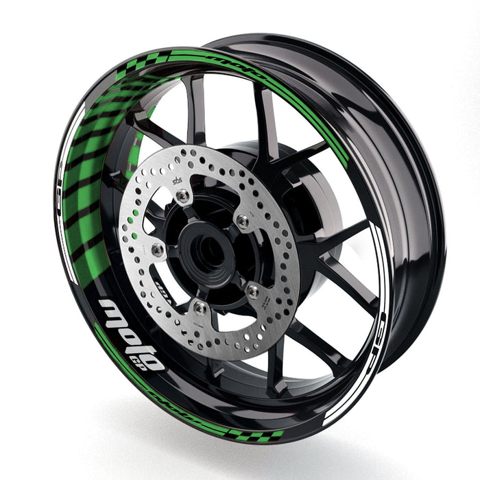 Honda CBR650F wheel rim sticker with GP stripe design, 17-inch decal from StickerBao on a motorcycle wheel rim.