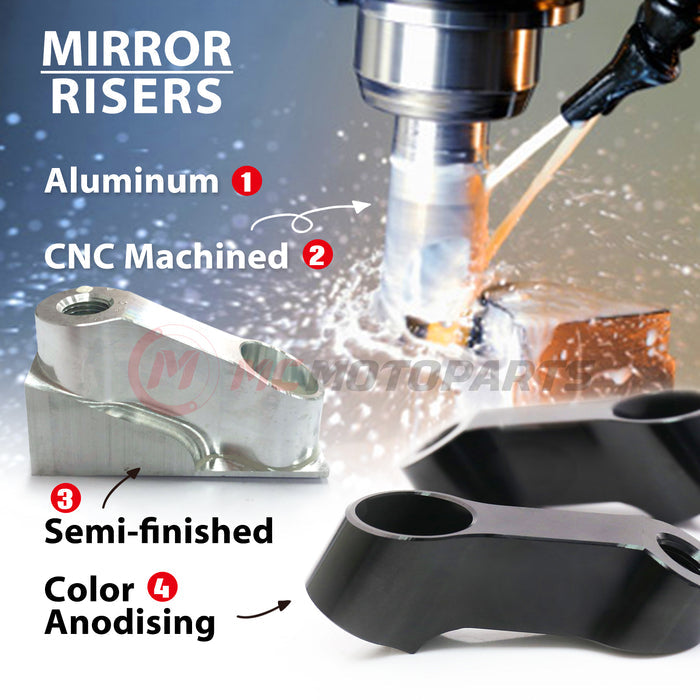 Black Honda Monkey 125 mirror extender riser by MC Motoparts, showing the side mirror extension detail for improved visibility.