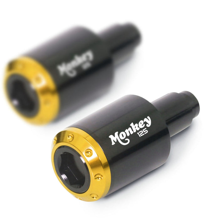 MC Motoparts engraved logo ATOM bar ends for Honda MONKEY 125 2018-2024, featuring gold-colored finish and durable metal construction.