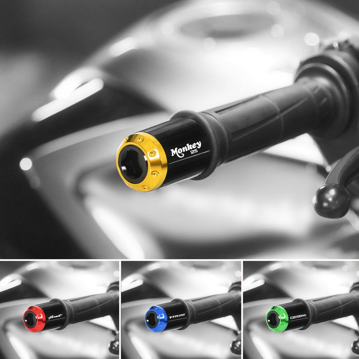 MC Motoparts engraved logo ATOM bar ends for Honda MONKEY 125 2018-2024, showing polished metal with logo engraving on the ends