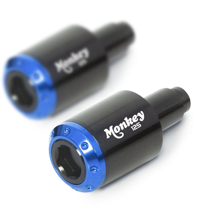 Blue MC Motoparts Atom Bar Ends with engraved logo for Honda Monkey 125 2018-2024 motorcycle, shown installed on handlebars.