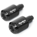Engraved logo MC Motoparts Atom bar ends for Honda Monkey 125 2018-2024, black metal with cylindrical design.