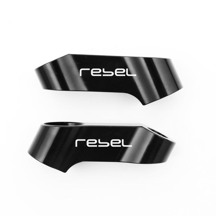 Black Honda Rebel mirror extender riser with engraved MC Motoparts logo, designed for Rebel 250, 300, and 500 CMX motorcycle side mirrors.