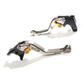 MC Motoparts CNC short GP brake and clutch levers for Honda VFR1200 2010-2016, adjustable gold finish, shown on motorcycle handlebar.
