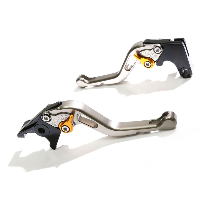 MC Motoparts CNC short GP brake and clutch levers for Honda VFR1200 2010-2016, adjustable gold finish, shown on motorcycle handlebar.