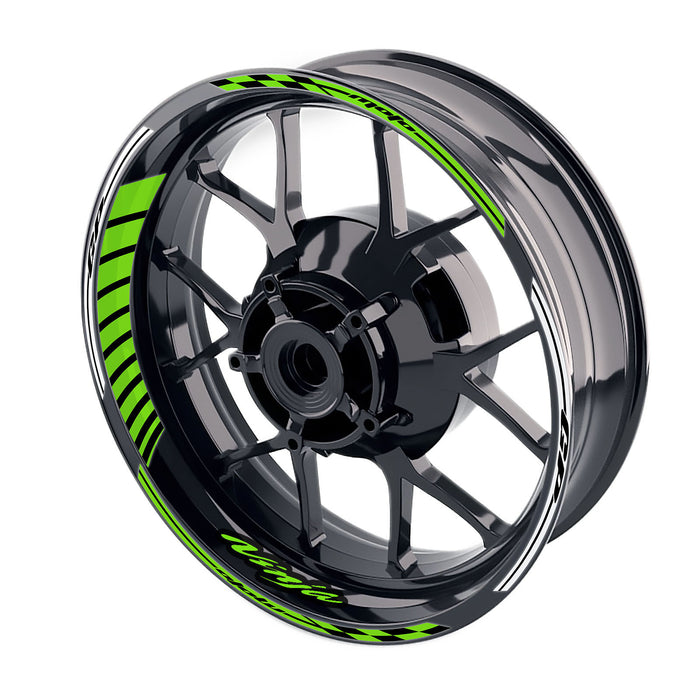 Kawasaki Ninja 1000 650 400 wheel rim sticker with Moto GP stripe design, 17-inch decal by StickerBao on shiny metal rim.