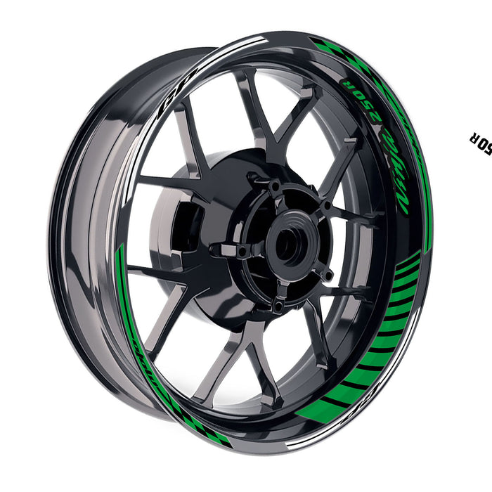 Kawasaki Ninja 250R EX250 wheel rim sticker with Moto GP stripe in blue and white, 17-inch decal for motorcycle rims.