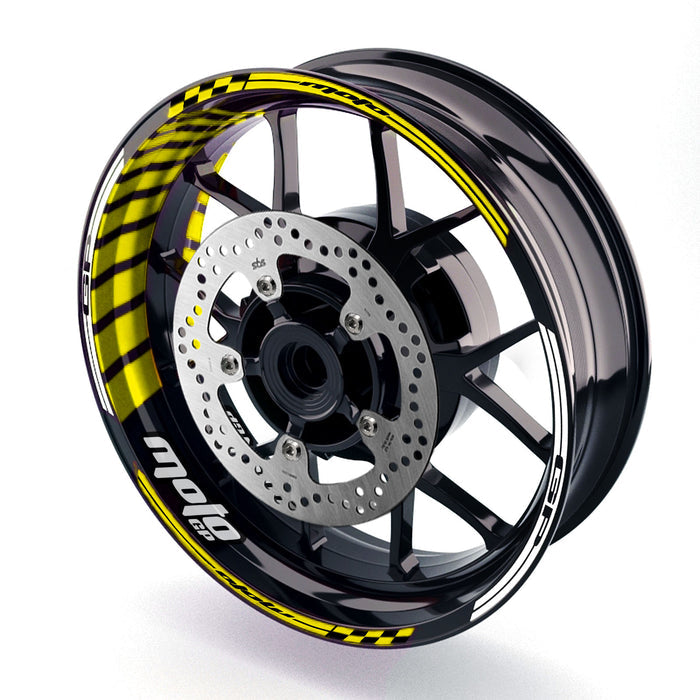 Kawasaki Ninja 650R wheel rim sticker with Moto GP stripe design, 17-inch decal by StickerBao on bike wheel rim.