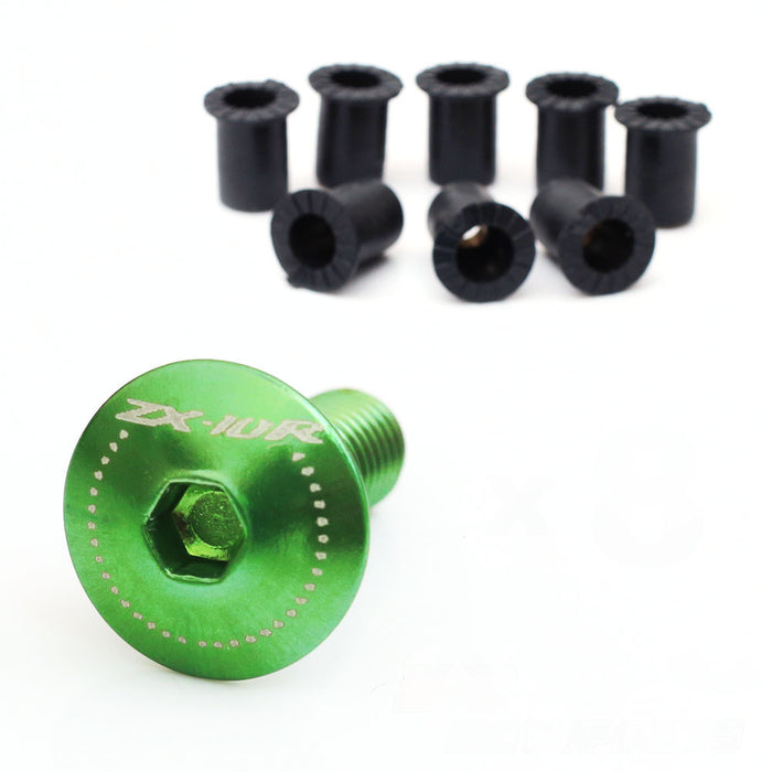 Kawasaki Ninja ZX-10R windscreen bolts with engraved MC Motoparts logo, CNC-machined for a sleek fit and secure installation.