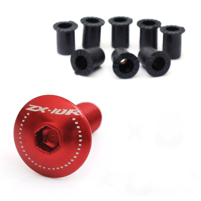 Kawasaki Ninja ZX-10R windscreen bolts with engraved MC Motoparts logo, CNC machined, for model years 2004-2020.