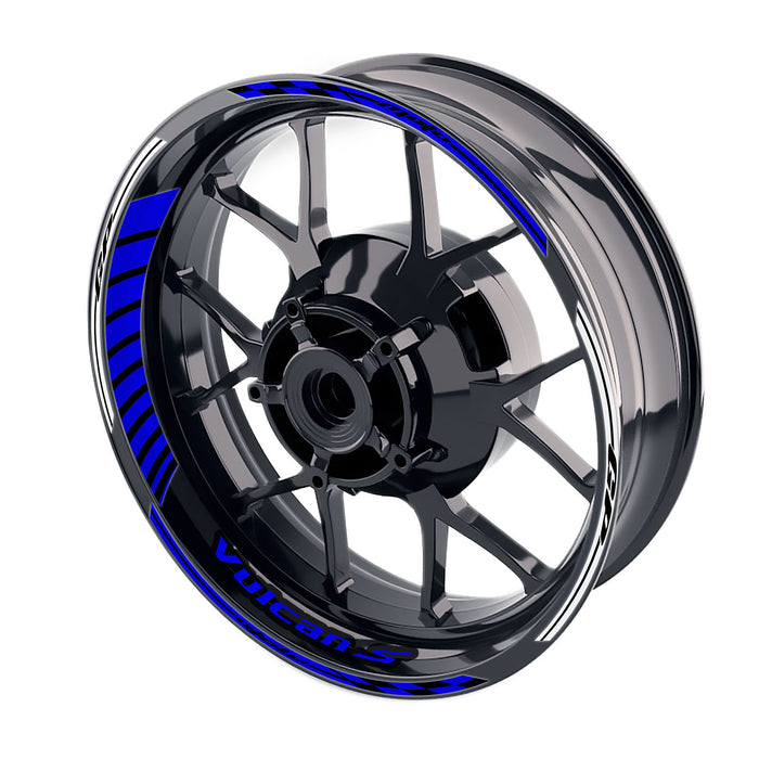 Kawasaki Vulcan S 650 wheel rim sticker with Moto GP stripe design in blue and black, 17-inch size from StickerBao.