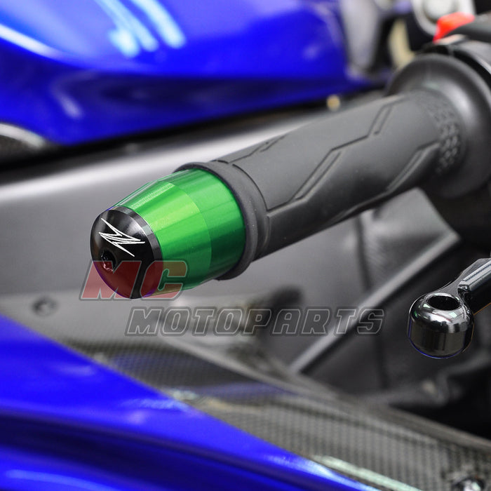 Kawasaki Z Series engraved logo metal handlebar ends by MC Motoparts installed on motorcycle handlebars.
