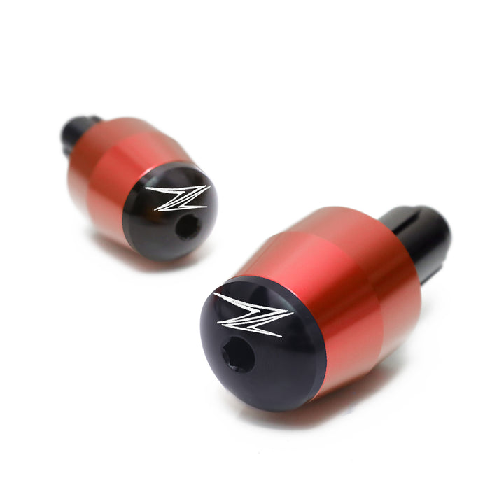 Red engraved logo Kawasaki Z series handlebar ends by MC Motoparts, featuring durable metal construction and bold branding.