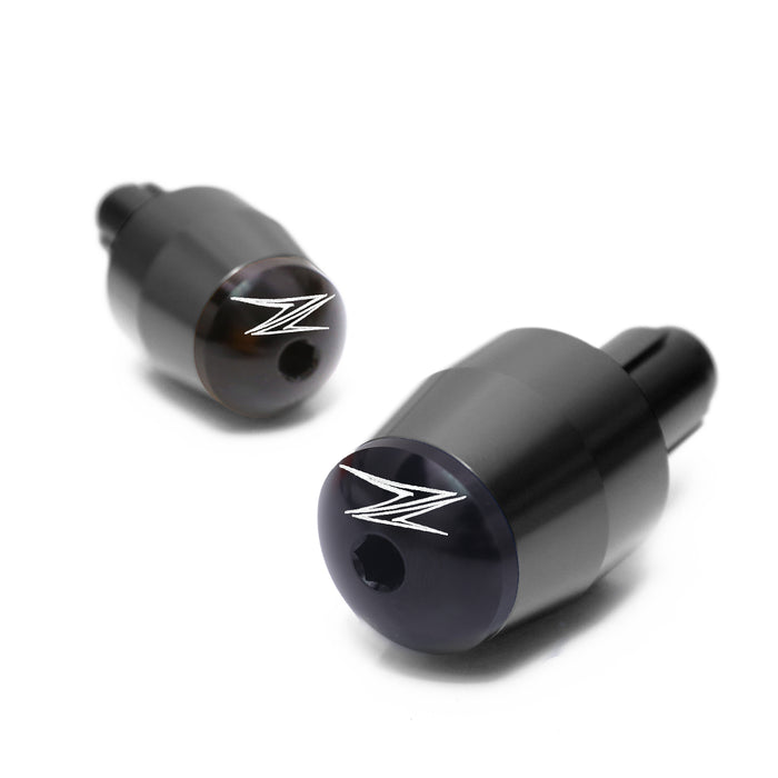 Engraved logo Kawasaki Z Series handlebar ends by MC Motoparts, black with metal finish, designed for motorcycle handlebars.