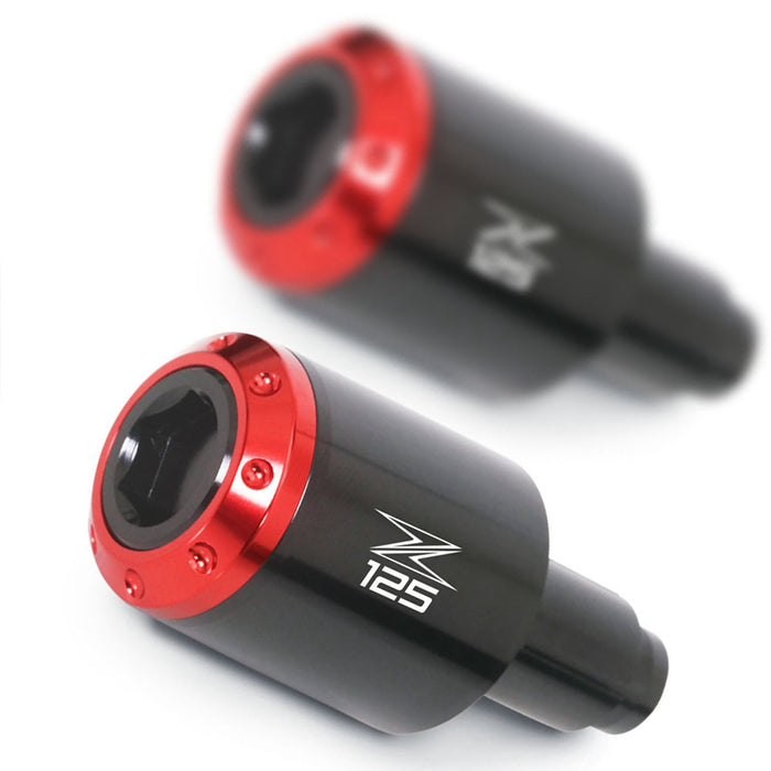 Red Kawasaki Z125 motorcycle bar ends with engraved MC Motoparts Atom logo, designed for Pro Engraved Logo ATOM Bar Ends.