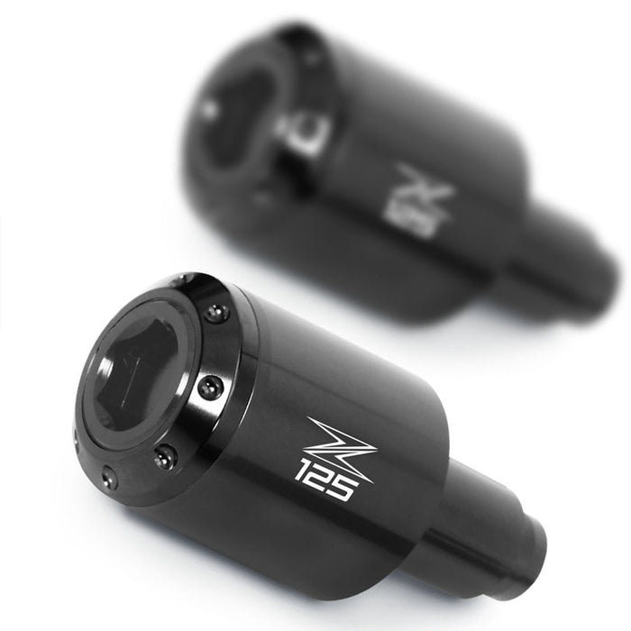 MC Motoparts Atom Bar Ends with engraved Kawasaki Z125 logo, black finish, durable motorcycle handlebar end caps.