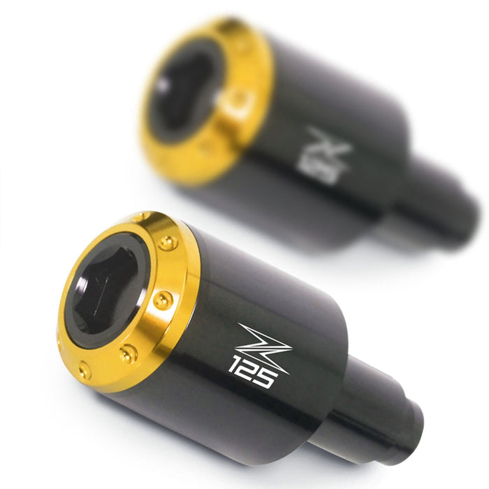 MC Motoparts Atom Bar Ends with engraved logo for Kawasaki Z125 motorcycle, featuring gold finish and sleek design.