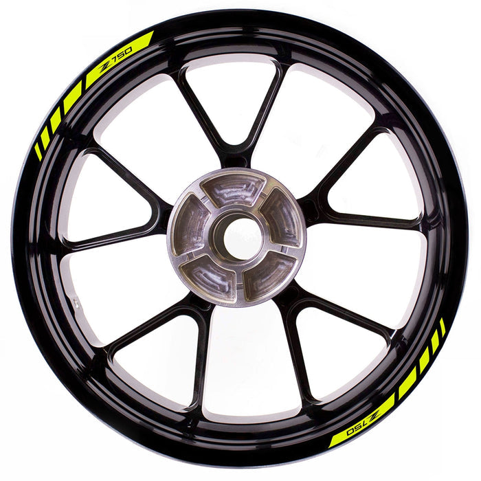 Kawasaki Z750 wheel rim edge sticker with blue and black logo strips, designed for motorcycle wheel customization by StickerBao.