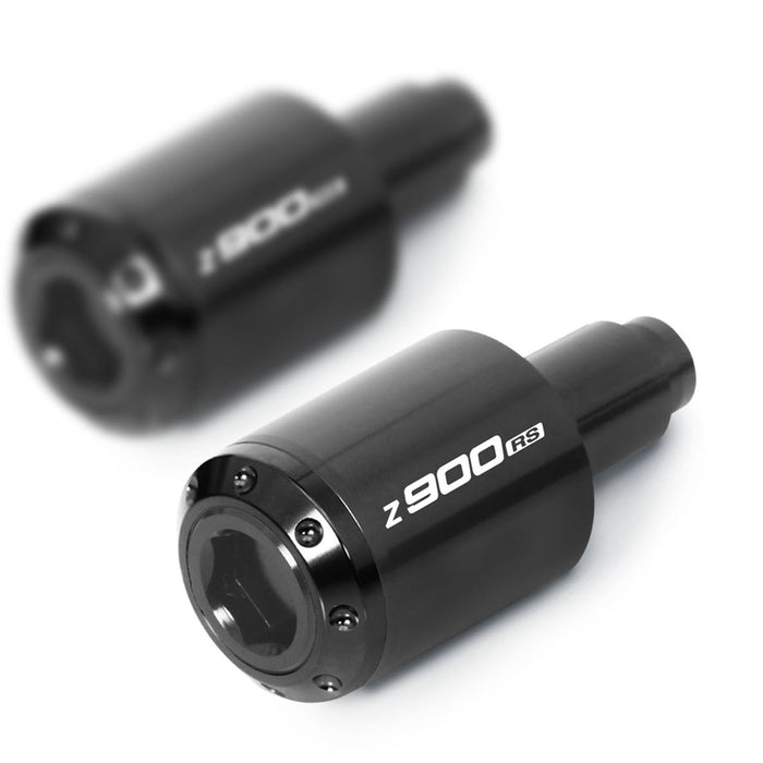 Black MC Motoparts ATOM Bar Ends with engraved logo installed on Kawasaki Z900RS 2018-2023 motorcycle handlebar.