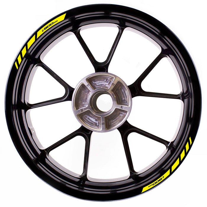 Kawasaki Z900RS wheel rim edge sticker with StickerBao logo, black and yellow design, for custom motorcycle wheel decoration.