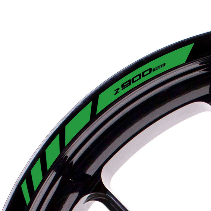 Kawasaki Z900RS wheel rim edge stickers with StickerBao logo decals on black and silver bike wheel rim.
