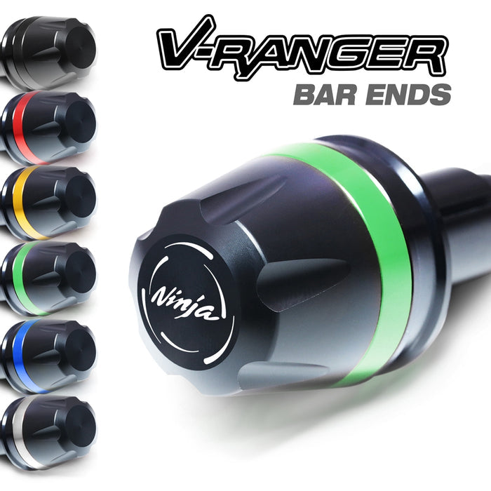 Engraved V-Ranger bar ends for Kawasaki ZX-6R ZX-10R Ninja, MC Motoparts motorcycle handlebar accessories, black finish.