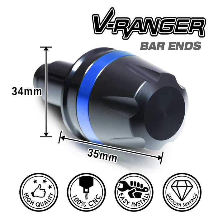 Kawasaki ZX-6R ZX10R Ninja engraved V-Ranger motorcycle bar ends by MC Motoparts, featuring black and silver finish with engraved logo.