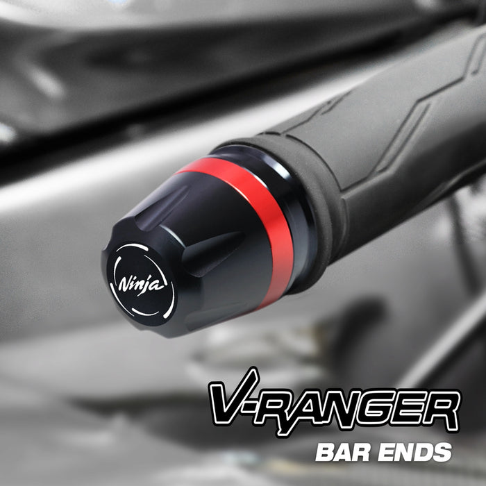 Kawasaki ZX-6R ZX10R Ninja V-Ranger engraved bar ends by MC Motoparts, shown installed on motorcycle handlebars.