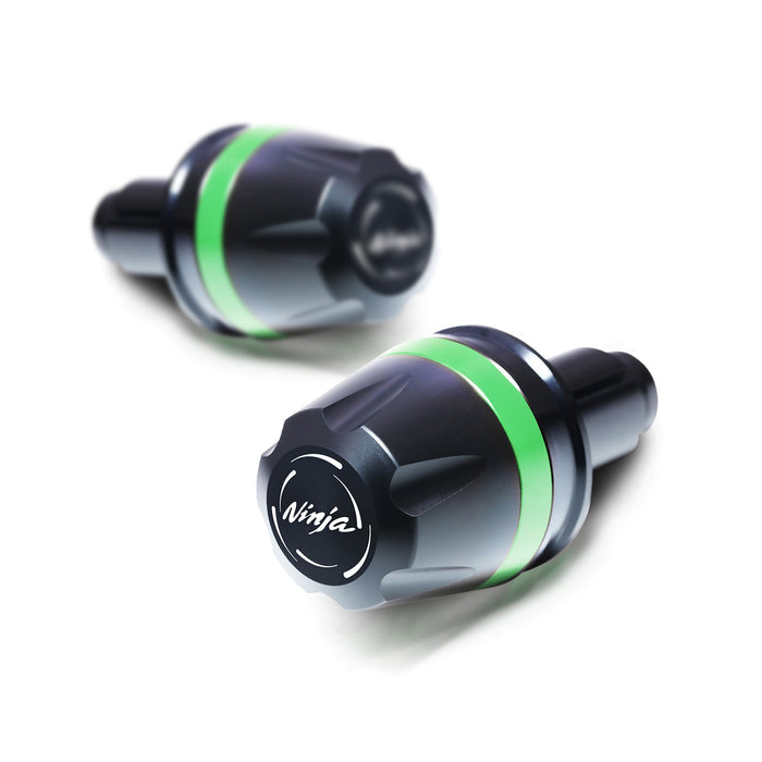 MC Motoparts Kawasaki ZX-6R ZX10R Ninja V-Ranger bar ends with engraved design, shown on black handlebar.