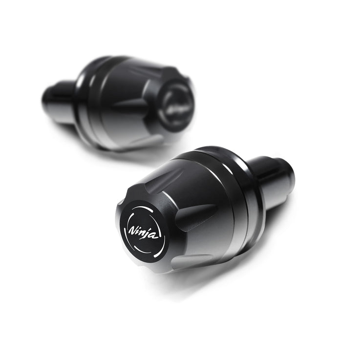Black MC Motoparts V-Ranger bar ends engraved with Kawasaki Ninja ZX-6R and ZX-10R logos, designed for motorcycle handlebar upgrade.