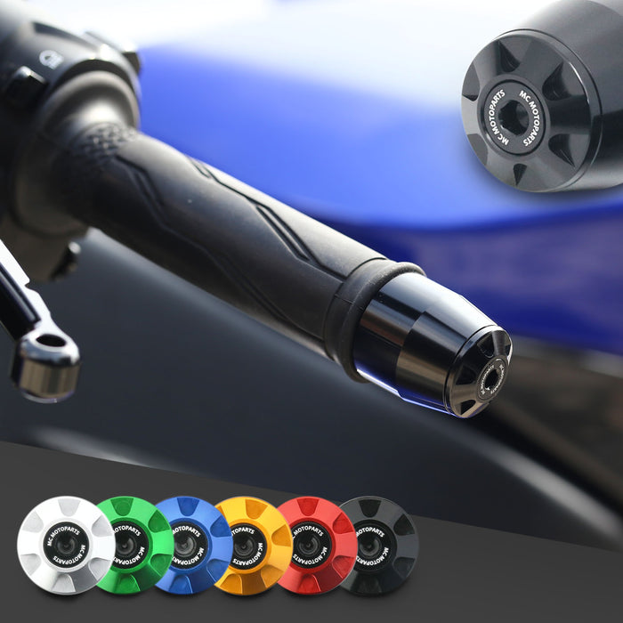 Black CNC bar ends for MV Agusta F3 Dragster, Brutale 800, 675 by MC Motoparts, shown installed on motorcycle handlebars.