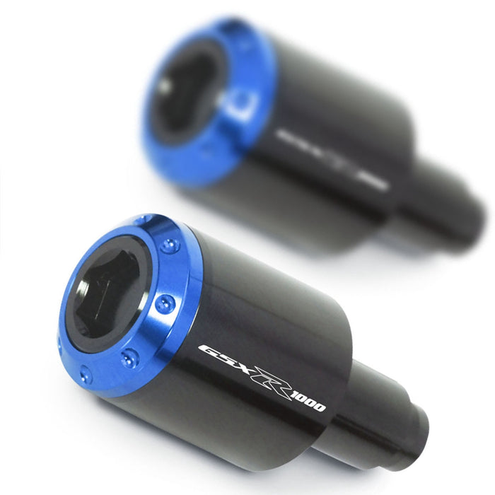 Blue engraved logo MC Motoparts Atom bar ends for Suzuki GSX-R 1000 2001-2016, mounted on motorcycle handlebars.