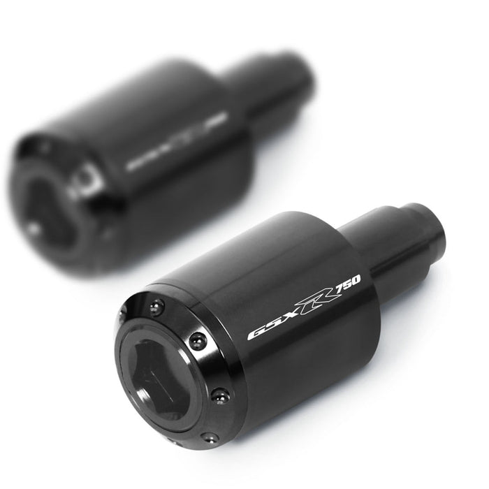 Black engraved logo MC Motoparts Atom bar ends for Suzuki GSX-R 750 1996-2025, mounted on motorcycle handlebars.