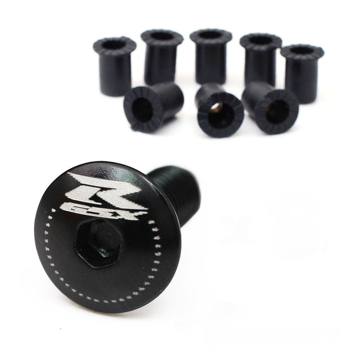 Black CNC windscreen bolts with engraved Suzuki GSX-R logo for MC Motoparts motorcycle windscreen replacement.