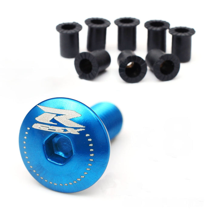 Set of MC Motoparts Suzuki GSX-R engraved logo windscreen bolts, CNC-machined metal fasteners for motorcycle windscreens.
