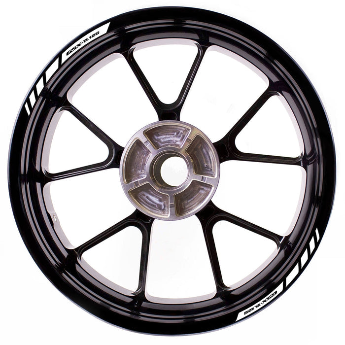Suzuki GSX-R125 wheel rim edge sticker with white logo strips, StickerBao brand, applied to motorcycle wheel rim for customization.