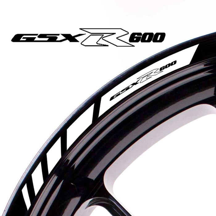 Suzuki GSX-R600 wheel rim edge sticker with StickerBao logo, black and white decal for motorcycle wheel customization.